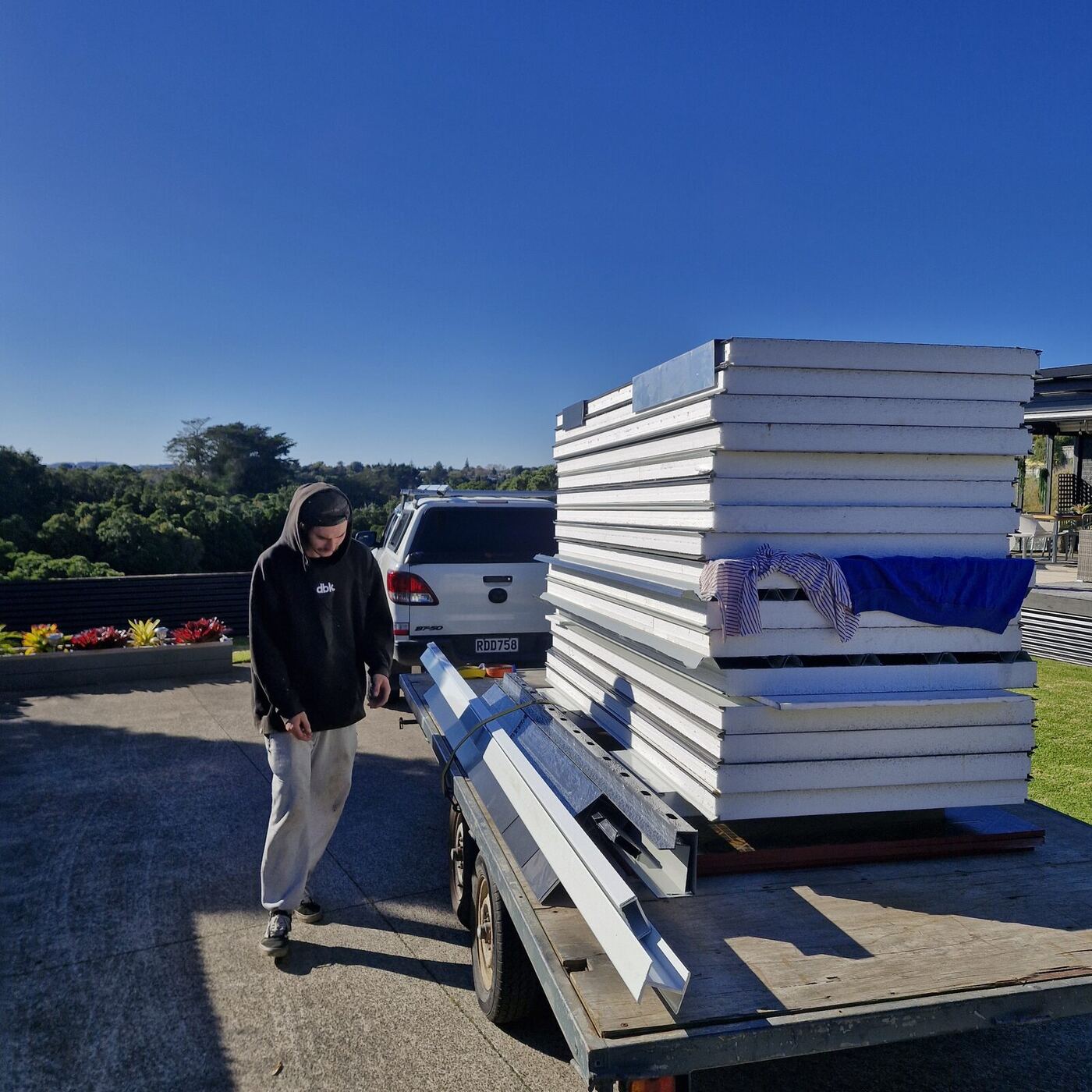 A flatpack loaded onto a trailer at the Bell Block workshop, ready for freight